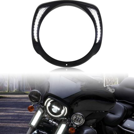Headlights Bezel Ring w/LED DRL for Harley Touring, Black Headlight Bezel Clip Front Lamps Trim Ring