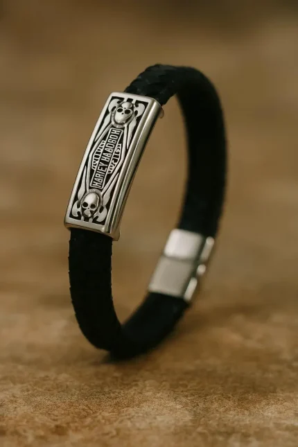 Leather Biker Bracelet Skull Motorcycle
