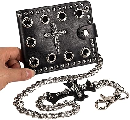 Punk Biker Wallet With Chain Goth Bifold Studded Billfold Cross Snap Leather Wallets