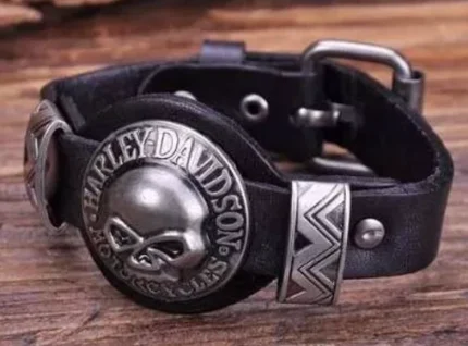 Harley Davidson Stainless Steel & Shield Leather Bracelet adjustable unisex
